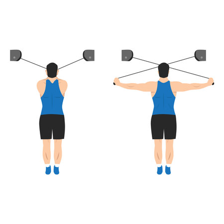 Man doing High cable rear delt fly exercise. Flat vector illustration isolated on white backgroundのイラスト素材