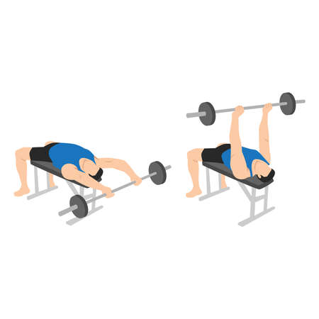 Man doing Barbell pullover exercise. Flat vector illustration isolated on white backgroundのイラスト素材