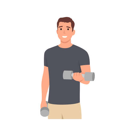 Young man workout using dumbbells doing bicep curl concept character . Flat vector illustration isolated on white backgroundのイラスト素材