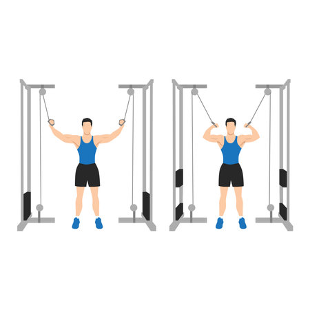Man doing Standing high pulley cable curl. flat vector illustration isolated on different layers. Workout characterのイラスト素材