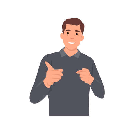 Young man pointing fingers to camera with happy and funny face cartoon character . Flat vector illustration isolated on white backgroundのイラスト素材