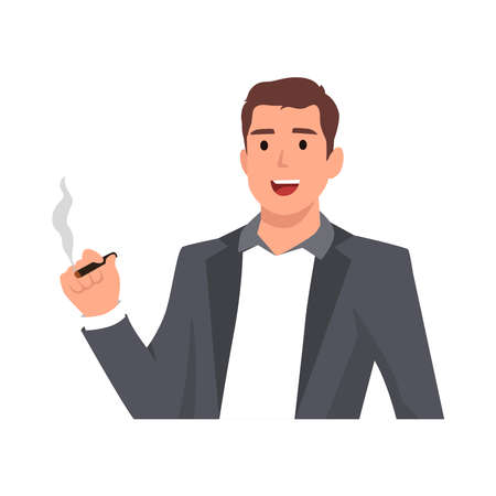 Young man smoking a cigarette. Tobacco dependence. The concept of an unhealthy lifestyle . Flat vector illustration isolated on white backgroundのイラスト素材