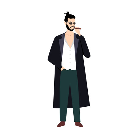 Asian mafia man cartoon character with bun hair and sunglasses. Flat vector of yakuza wearing suit with open button t shirtのイラスト素材