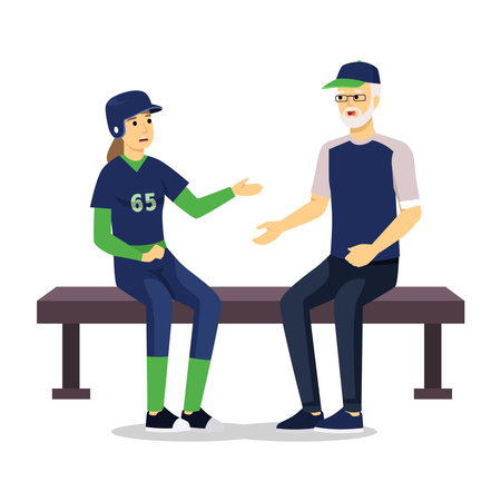 Baseball coach and his athlete communicating. Positive communication of multinational friends. People conversation. Flat vector illustration isolated on white backgroundのイラスト素材