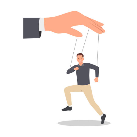 Young man business concept illustration of a businessman being controlled by puppet master. Flat vector illustration isolated on white backgroundのイラスト素材