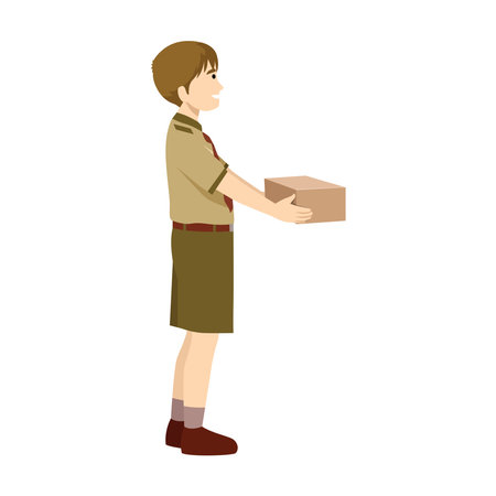 Happy young scout boy holding box for gift or present delivering mail package. Flat vector illustration isolated on white backgroundのイラスト素材