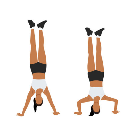 Woman doing handstand push up exercise. Flat vector illustration isolated on white backgroundのイラスト素材