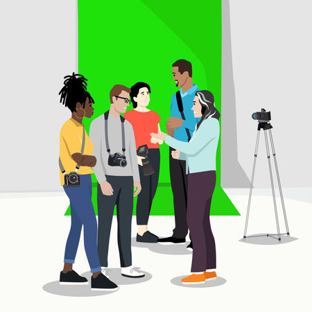 Photographer team briefing inside a studio with green screen behind. Flat vector illustration isolated on white backgroundのイラスト素材