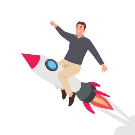 Young Businessman flying forward on a rocket on blue sky background. Success in business and career. Boost your business, startup growth and progress. Flat vector illustration isolのイラスト素材