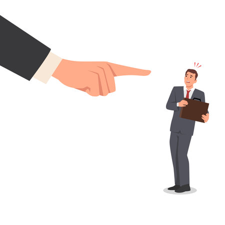 Young businessman being pointed by giant finger. Flat vector illustration isolated on white backgroundのイラスト素材