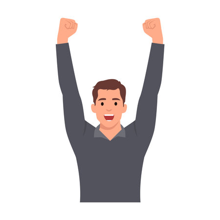 Young man with raised hands up celebrating success. Flat vector illustration isolated on white backgroundのイラスト素材