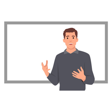 A vector illustration of business coach Talking in front of white board. Flat vector illustration isolated on white backgroundのイラスト素材