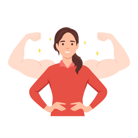 Young woman power, female self confidence, high esteem concept. Brave confident smiling woman standing showing biceps shadows facing fears like powerful hero. Flat vector illustratのイラスト素材