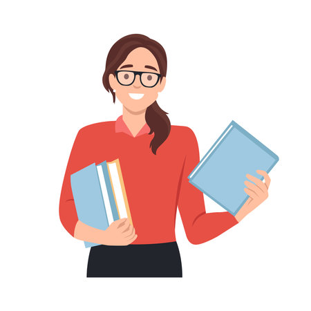 Young attractive in eyeglasses woman holding books. Flat vector illustration isolated on white backgroundのイラスト素材