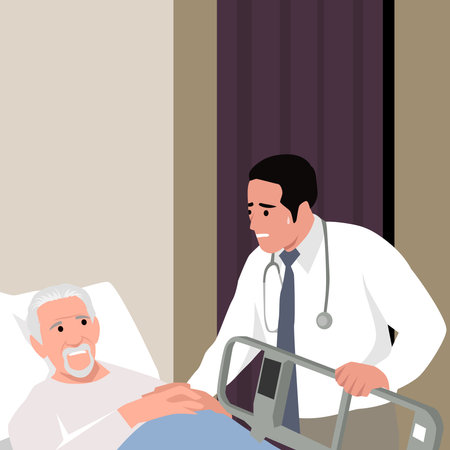 Stationary treatment. Elderly patient lies on medical bed under drip in hospital ward during visit to doctor. Panic after surgeryのイラスト素材