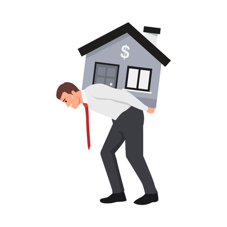 Desperate businessman carry a heavy home. Business concept. Flat vector illustration isolated on white backgroundのイラスト素材