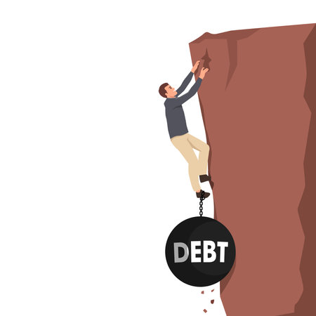 Young business man try hard to climb up the cliff but debt burden bring him down. Business concept on debt.. Flat vector illustration isolated on white backgroundのイラスト素材