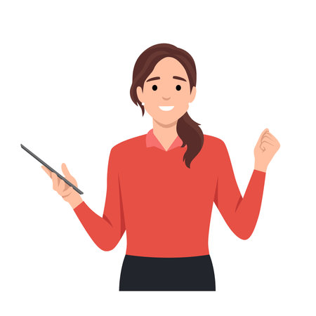 Young woman excited celebrating using mobile phone or tablet or gadget. Flat vector illustration isolated on white backgroundのイラスト素材