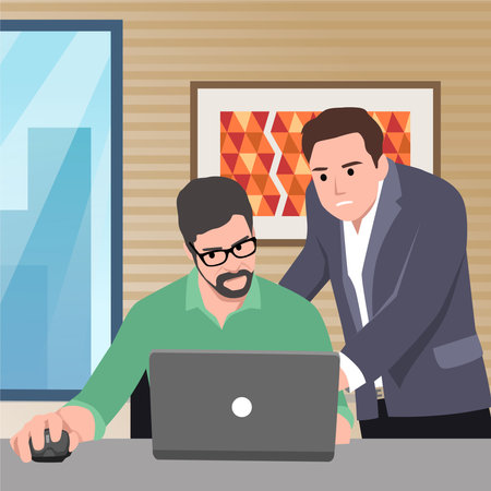 Man angry manager asking his depressed staff for an unfinished job. Work pressure at he office concept. Flat vector illustration isolated on white backgroundのイラスト素材