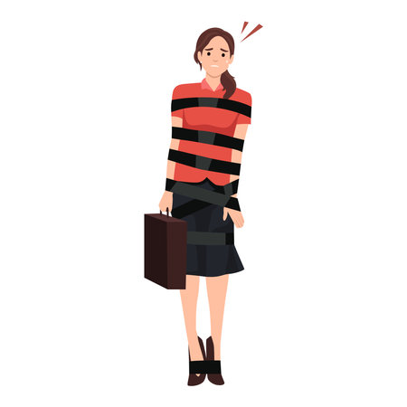 Scared Woman Tied Up with Rope or tape. Business Problems holding briefcase. Flat vector illustration isolated on white backgroundのイラスト素材