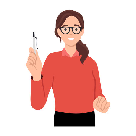 Happy woman in glasses holding large notepad in hands and with smile making note or plan for day. Positive girl standing with book holding pen. Flat vector illustration isolated on white backgroundのイラスト素材