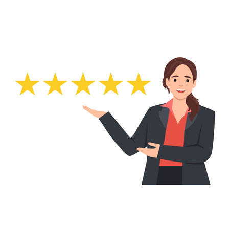 Woman customer giving five star rating. Customer Review. Feedback. Flat vector illustration isolated on white backgroundのイラスト素材