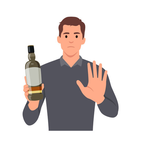 Young man refuse drinking alcohol. Decisive male make hand gesture sign say stop no to alcoholic cocktail. Guy reject beverage at bar follow healthy lifestyle. Flat vector illustration isolated on white backgroundのイラスト素材