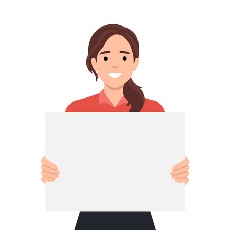 Young beautiful woman smiling and holding a blank / empty sheet of white paper or board. Woman showing a empty poster. Human emotion & body language concept. Flat vector illustration isolated on white backgroundのイラスト素材