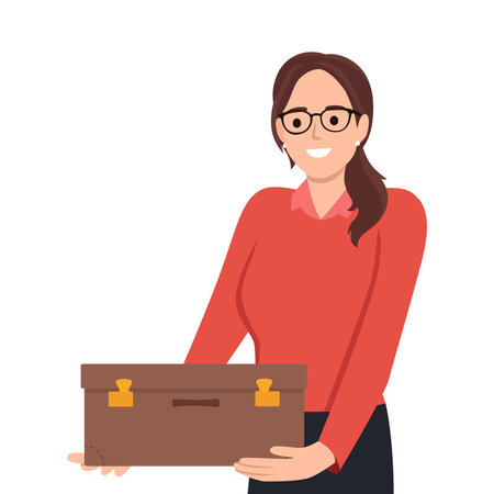 joyful businesswoman hugs suitcase with money. Happy boss and case with cash. Successful business pleasure goal. Flat vector illustration isolated on white backgroundのイラスト素材