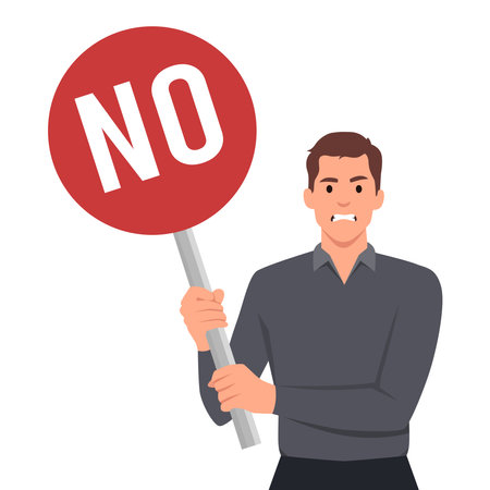 Businessman or man holds a sign with text NO with angry face. Flat vector illustration isolated on white backgroundのイラスト素材