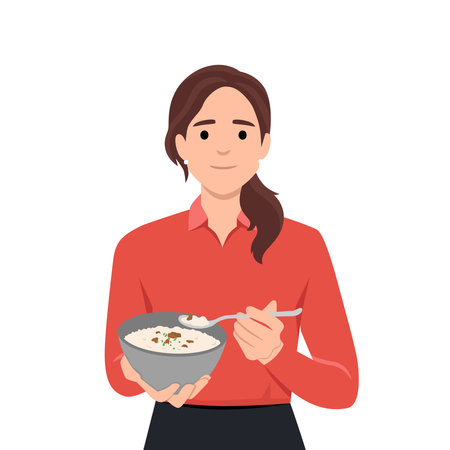 Woman eating fried rice using spoon in flat design on white background. Asian lunch meal. Flat vector illustration isolated on white backgroundのイラスト素材