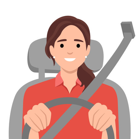 Car cockpit and a woman driver, front view with seat belt. Flat vector illustration isolated on white backgroundのイラスト素材