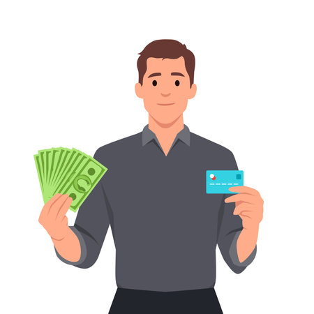 Young businessman showing credit card and cash, money, currency notes in hand. Successful person in vest suit holding debit, ATM card. Stylish male character design. Flat vector illustration isolated on white backgroundのイラスト素材