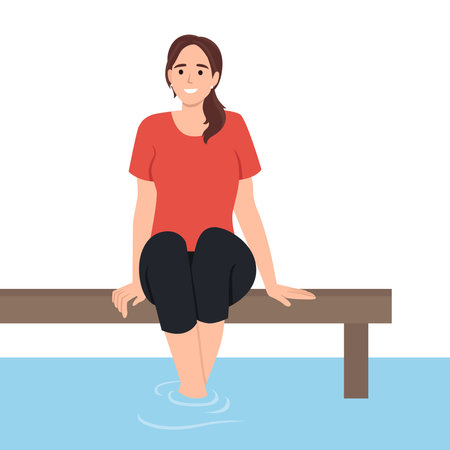 Happy woman sitting on pier near water enjoy summer vacation. Smiling girl relaxing on bridge on river enjoying holidays. Flat vector illustration isolated on white backgroundのイラスト素材