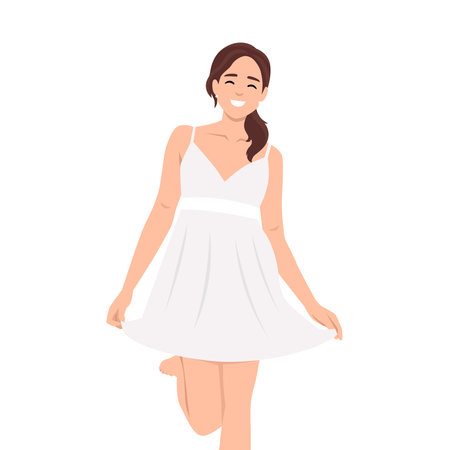 Beautiful Smiling Female Model in white short dress vector illustration Fashion Woman Wearing white Pajama Dress. Flat vector illustration isolated on white backgroundのイラスト素材