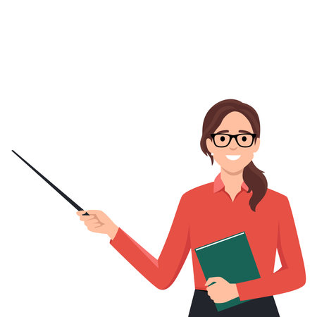 Female young teacher in casual clothes at blackboard with copy space showing something using pointer stick. Flat vector illustration isolated on white backgroundのイラスト素材
