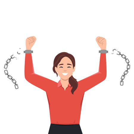Businesswoman Breaking Metal Chain. Strong Woman. Pressure on Work. Flat vector illustration isolated on white backgroundのイラスト素材