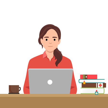 Business woman lady entrepreneur in a suit working on a laptop computer at her clean and sleek office desk. Flat vector illustration isolated on white backgroundのイラスト素材