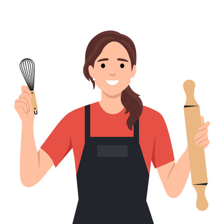 An attractive young woman is making cake in a cozy kitchen. Flat vector illustration isolated on white backgroundのイラスト素材