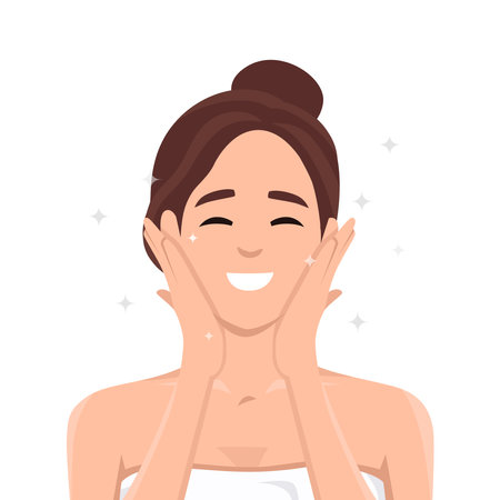 Happy Satisfied Woman showing perfect facial skin. Girl with smooth clean skin after using beauty product. Cosmetic, skincare, treatment, routine, Self care concept. Flat vector illustration isolated on white backgroundのイラスト素材