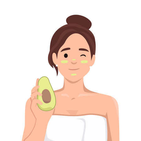 Woman in white towel after getting out of shower or bath recommends using avocado for cosmetic masks. Girl after completion of spa procedures demonstrates fruit that affects beauty. Flat vector illustration isolated on white backgroundのイラスト素材