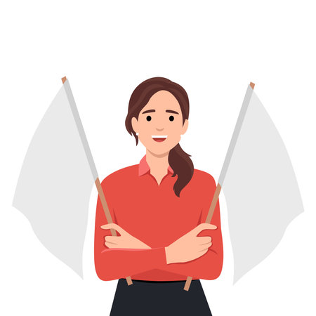 Smiling woman holding two checkered flags to signal for start of car racing competition among drivers. Beautiful girl works as orbitr in street racing competition. Flat vector illustration isolated on white backgroundのイラスト素材
