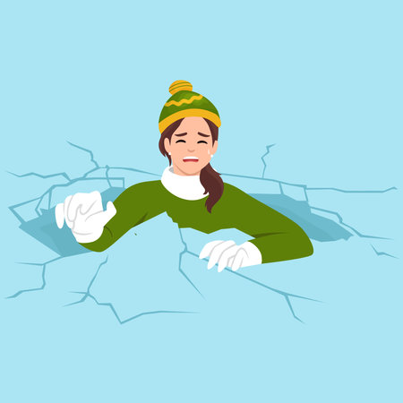 Drowning woman is trying to get out of hole in which fell while walking on frozen lake for concept adverse environmental conditions. Drowning girl got into trouble after natural disaster. Flat vector illustration isolated on white backgroundのイラスト素材