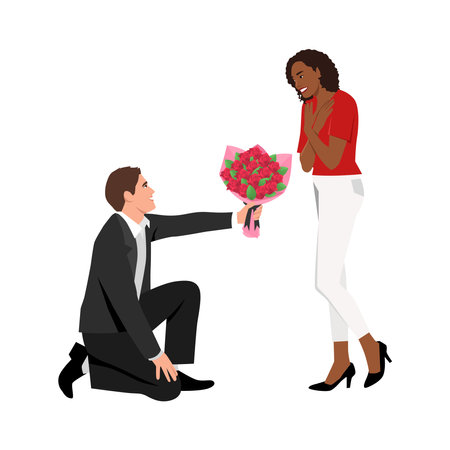 Man give flowers congratulate happy black woman lover for Valentine day. Loving boy greeting girl make surprise with floral bouquet. Dating, couple relationships concept. Flat vector illustration isolated on white backgroundのイラスト素材