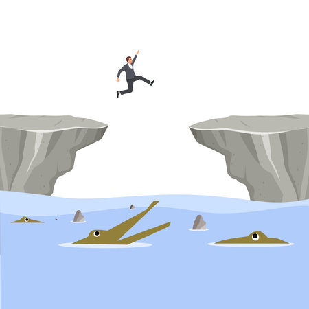 Businessman Jump Over Cliff Gap Mountain. Flat vector illustration isolated on white backgroundのイラスト素材