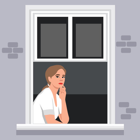 Female character looking outside window during coronavirus outbreak quarantine. Boredom and sadness at home. isolation of woman. Lady watching streets. Flat vector illustration isolated on white backgroundのイラスト素材