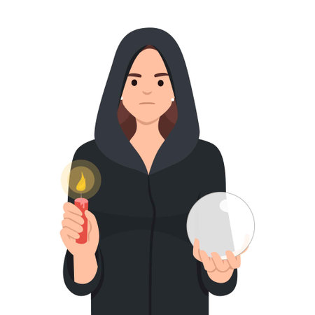 Gypsy fortune teller with crystal ball and a candle. wearing a robe or cape or hoodie. Flat vector illustration isolated on white backgroundのイラスト素材