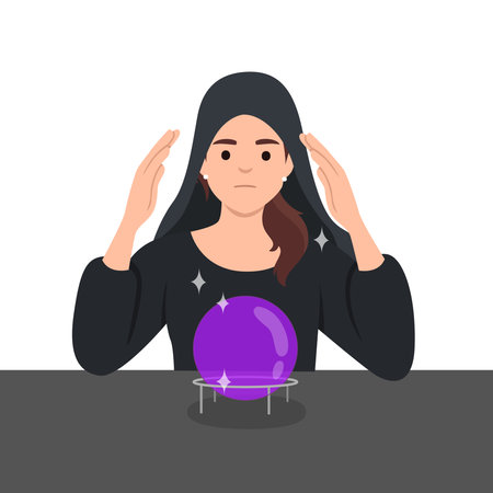 Fortune teller woman reading future on magical crystal ball. Gypsy oracle. Flat vector illustration isolated on white backgroundのイラスト素材