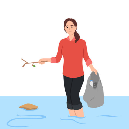 Sad woman cleans ocean of plastic garbage by pulling out bottles using scoop-net. Girl eco activist and volunteer to take care of nature puts garbage thrown into sea into bag. Flat vector illustration isolated on white backgroundのイラスト素材