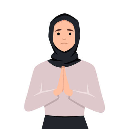 Illustration of Muslim woman with apologizing pose for eid mubarak or ramadan. Flat vector illustration isolated on white backgroundのイラスト素材